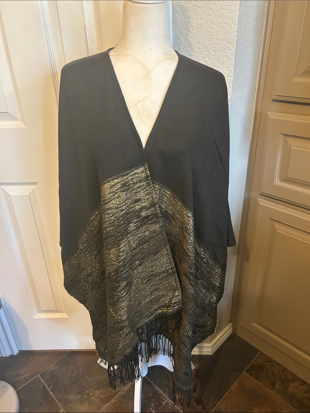 Brown and Gold Metallic Fringe Poncho